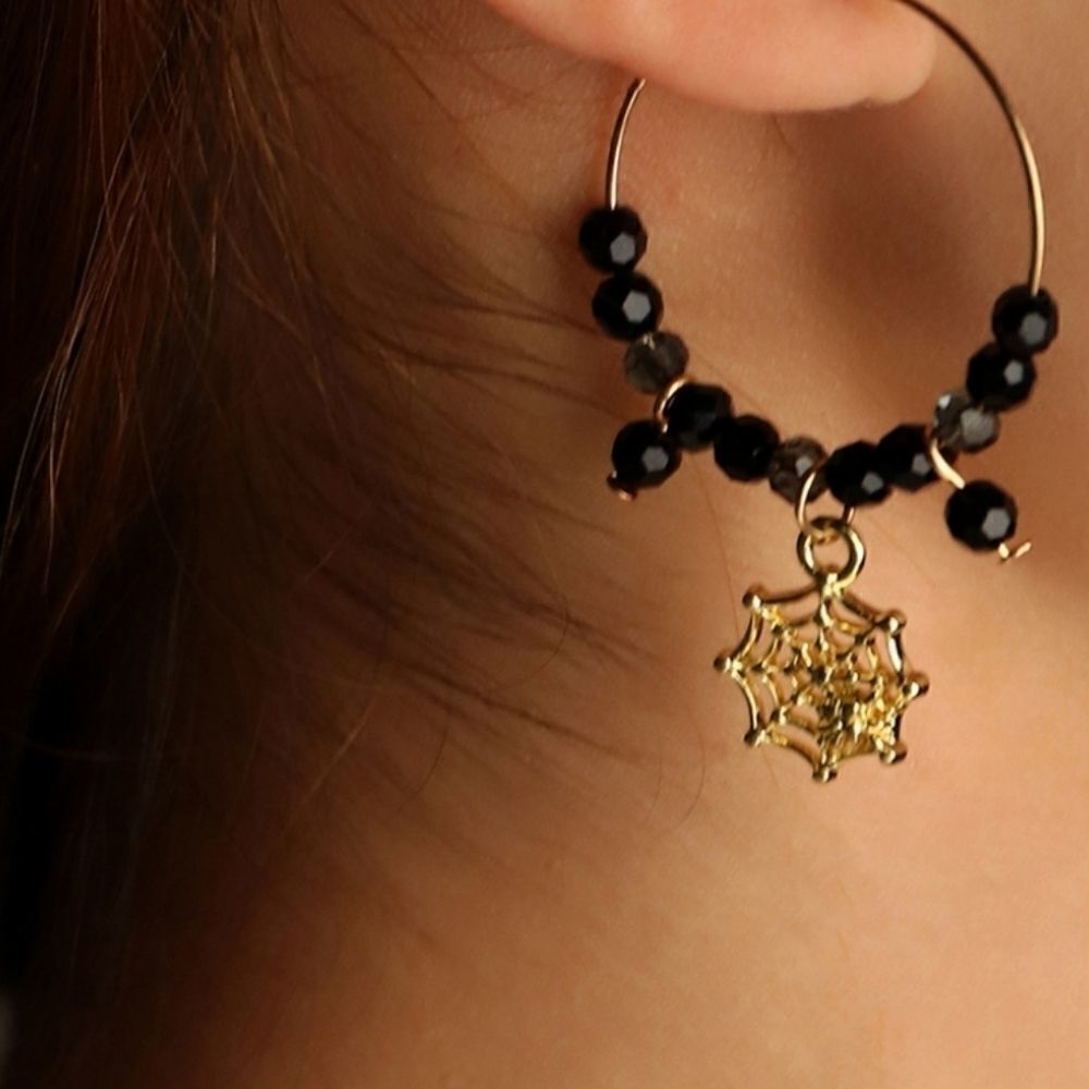 NEW SPIDER WEB BEADED HOOP HALLOWEEN EARRINGS #H15